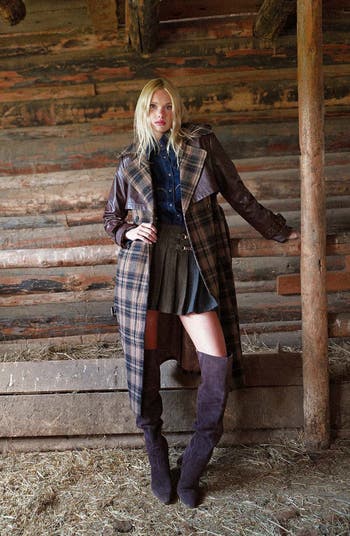 Plaid Faux Leather Trim Double Breasted Coat