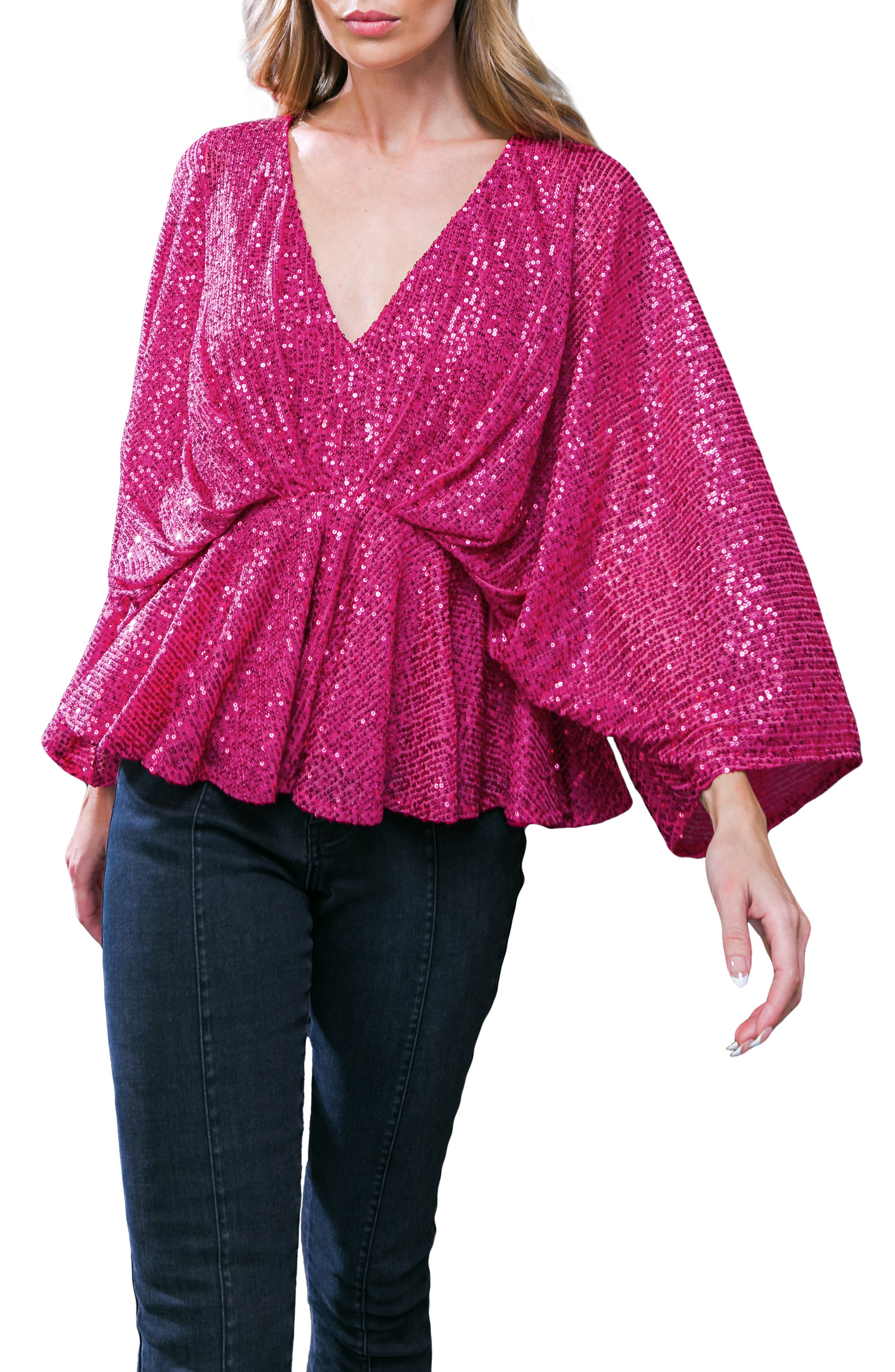 FLYING TOMATO Sequin Embellished Batwing Sleeve Peplum Top