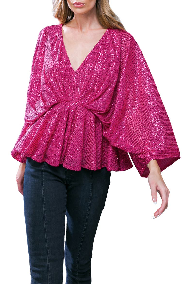 Sequin Embellished Batwing Sleeve Peplum Top, Main, color, FUCHSIA