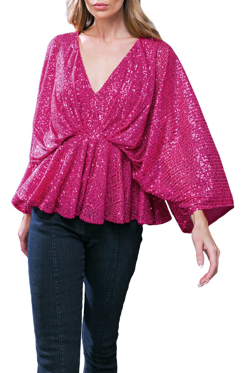 FLYING TOMATO Sequin Embellished Batwing Sleeve Peplum Top, Main, color, Fuchsia