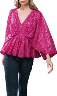 FLYING TOMATO Sequin Embellished Batwing Sleeve Peplum Top
