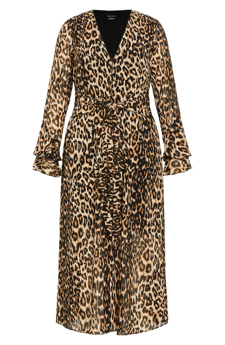City Chic Carter Print Tie Waist Long Sleeve Maxi Dress, Main, color, Leopard