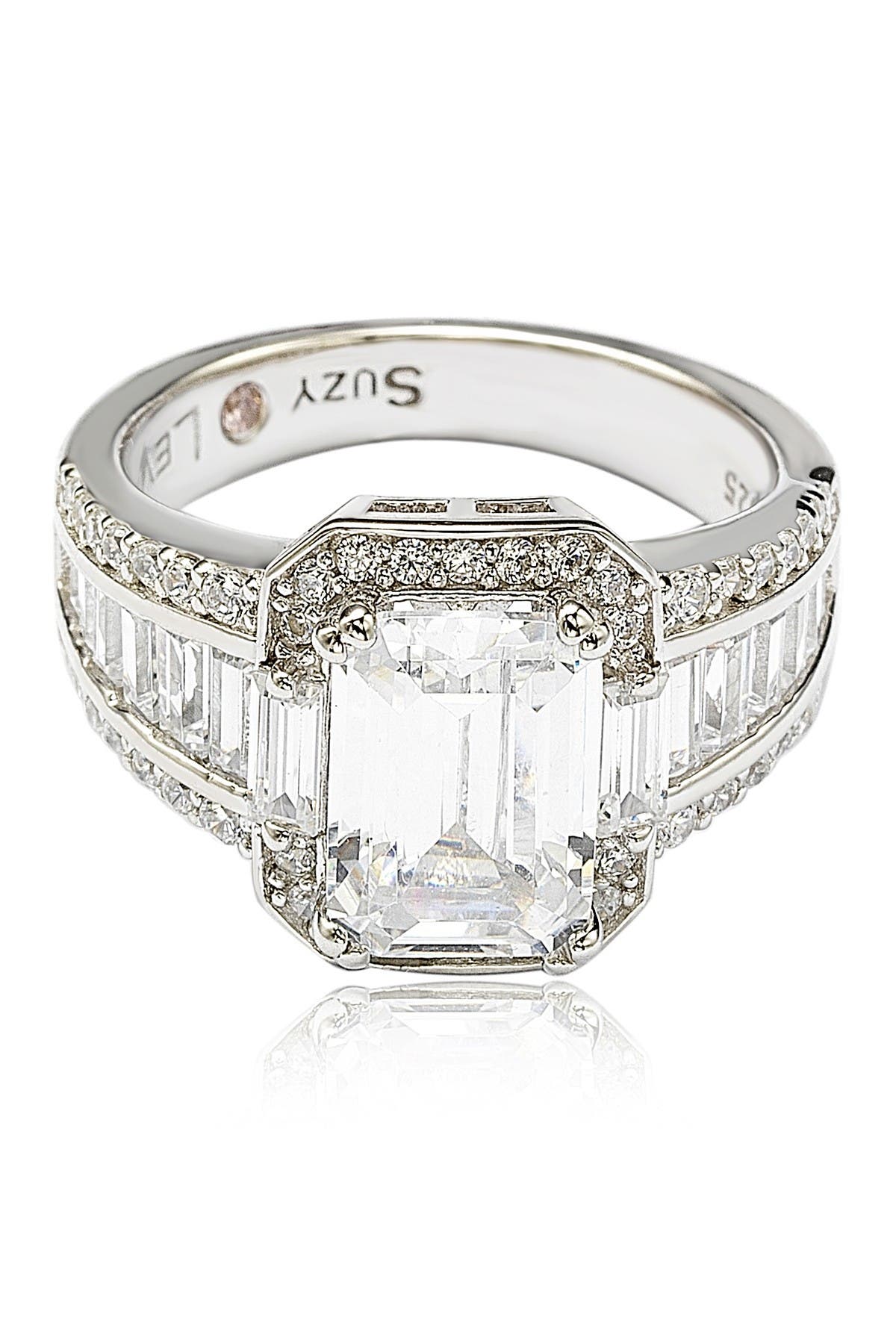 SUZY LEVIAN Sterling Silver Emerald-Cut & Round-Cut Cubic Zirconia Engagement Ring