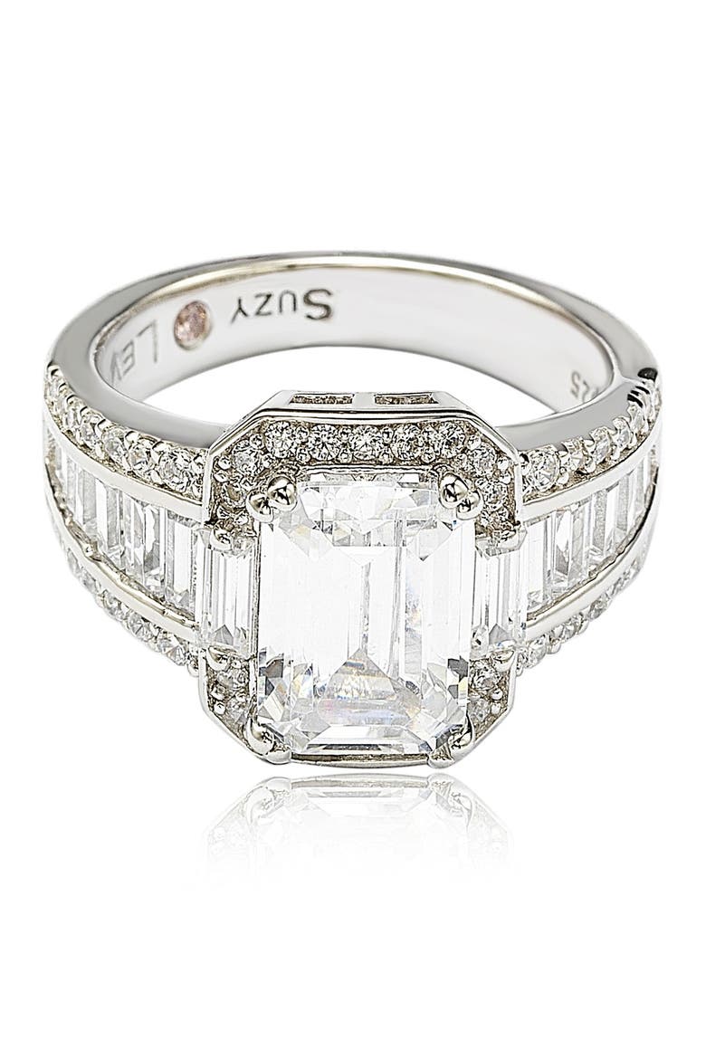 Sterling Silver Emerald-Cut & Round-Cut Cubic Zirconia Engagement Ring, Main, color, WHITE