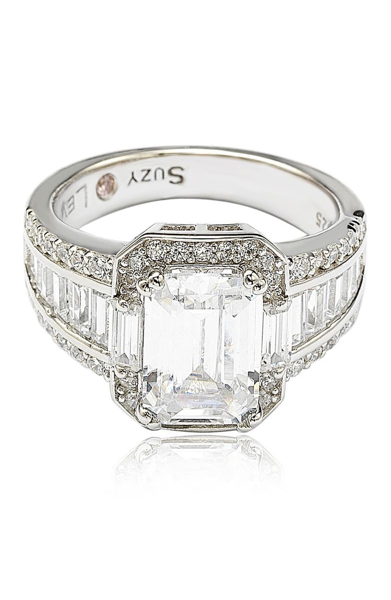 SUZY LEVIAN Sterling Silver Emerald-Cut & Round-Cut Cubic Zirconia Engagement Ring, Main, color, White