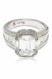 SUZY LEVIAN Sterling Silver Emerald-Cut & Round-Cut Cubic Zirconia Engagement Ring