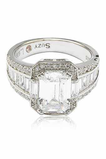 SUZY LEVIAN Sterling Silver Emerald-Cut & Round-Cut Cubic Zirconia Engagement Ring