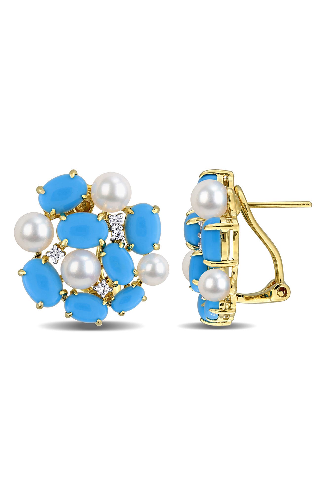 DELMAR Cultured Freshwater Pearl & Created Turquoise Cluster Earrings