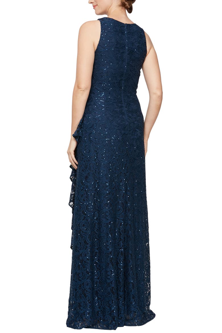 Sequin Ruched Ruffle A-Line Gown, Alternate, color, NAVY