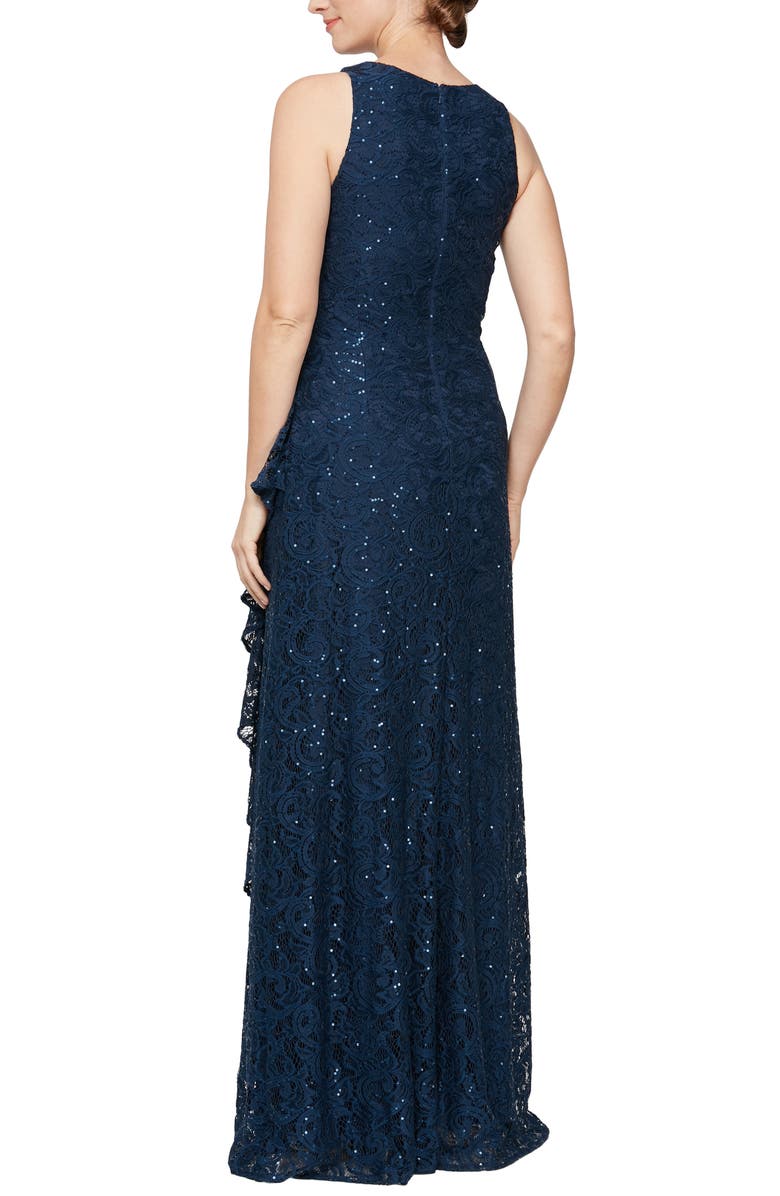 Alex Evenings Sequin Ruched Ruffle A-Line Gown, Alternate, color, Navy