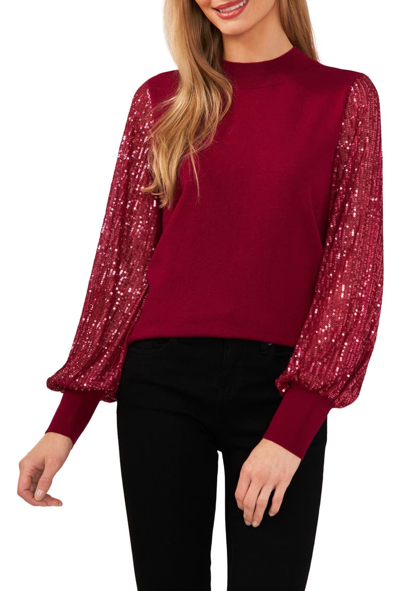 Sequin Sleeve Mock Neck Sweater, Main, color, DEEP MERLOT
