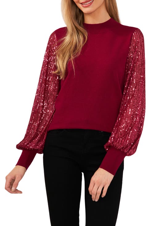 Sequin Sleeve Mock Neck Sweater