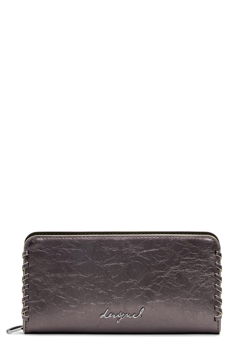 Desigual Long Faux Leather Wallet, Main, color, Silver