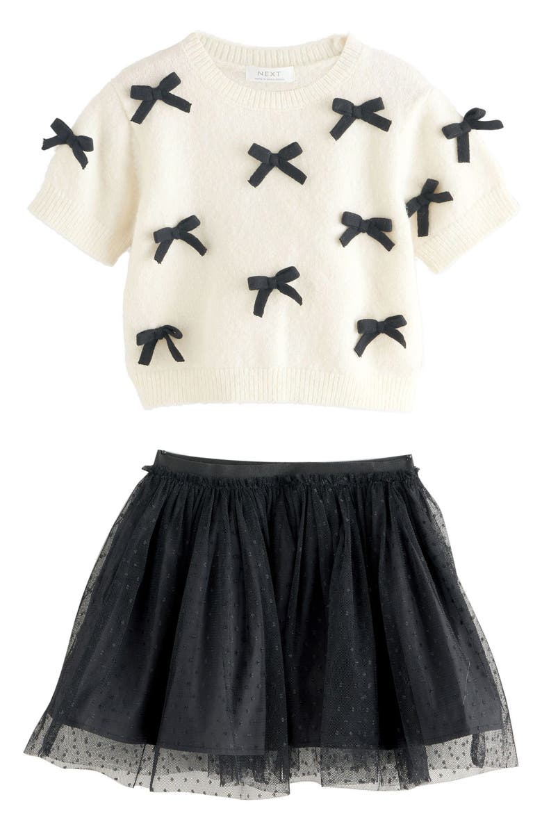 NEXT Kids' Bow Accent Short Sleeve Sweater & Tulle Skirt Set, Main, color, Cream/Green Bow