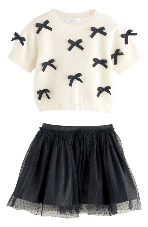 Kids' Bow Accent Short Sleeve Sweater & Tulle Skirt Set (Toddler & Little Kid)