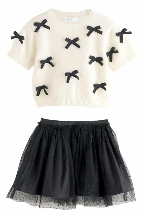 NEXT Kids' Bow Accent Short Sleeve Sweater & Tulle Skirt Set