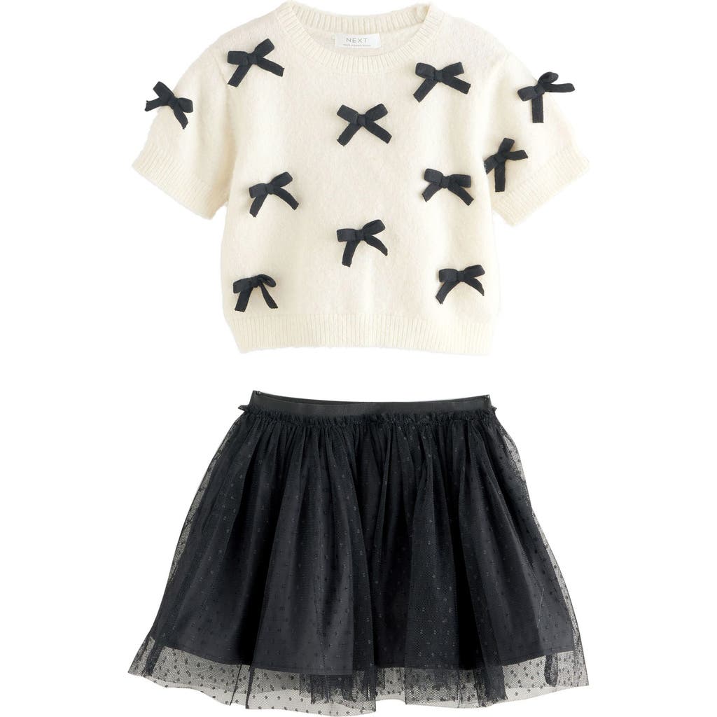 Next Kids' Bow Accent Short Sleeve Sweater & Tulle Skirt Set In Black