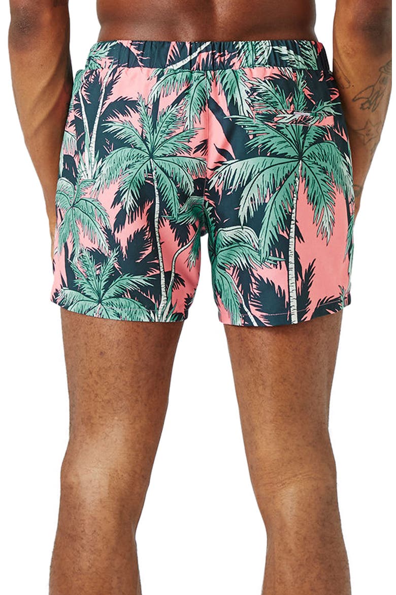 Palm Print Swim Trunks, Alternate, color, PINK MULTI