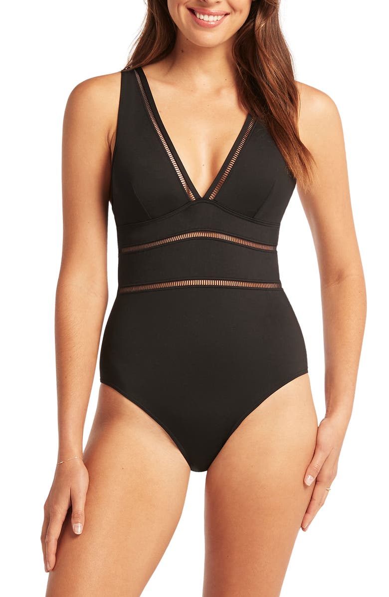 Sea Level Spliced Plunge One-Piece, Main, color, 