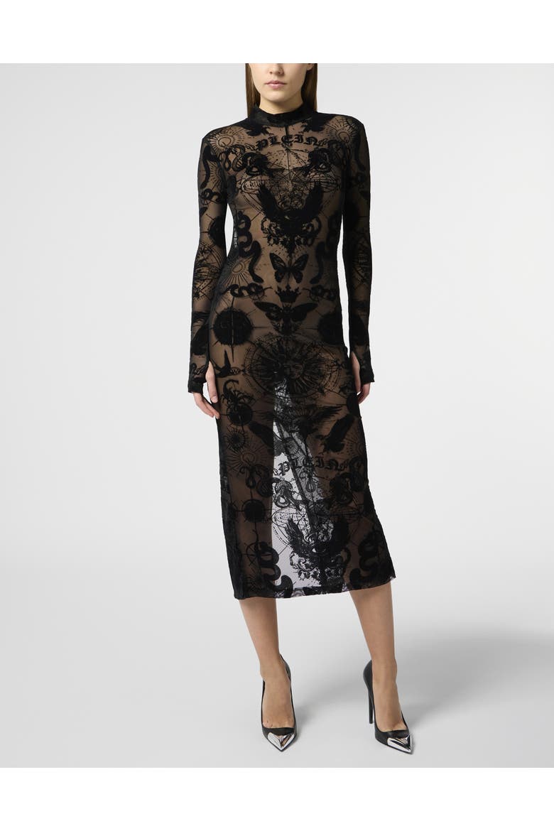 Open Back Maxi Dress Flock Butterfly Tattoo Women, Main, color, black