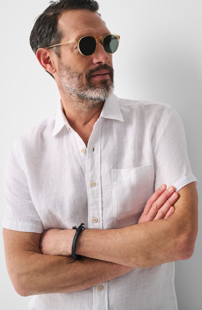 Faherty Palma Linen Short Sleeve Button-Up Shirt, Alternate, color, Bright White Basketweave