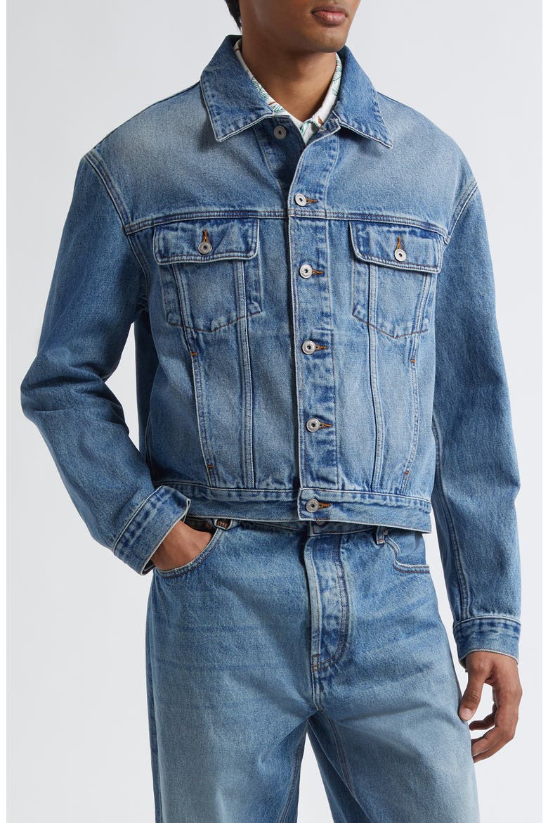 La Veste de-Nîmes Denim Trucker Jacket, Main, color, BLUE/ TABAC