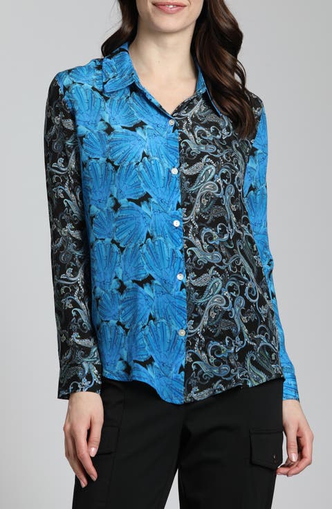 Abstract Print Roll Tab Sleeve Chiffon Button-Up Shirt
