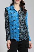 APNY Abstract Print Roll Tab Sleeve Chiffon Button-Up Shirt