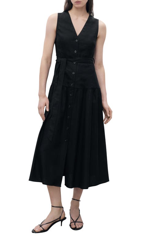 Mango Linen Look Tie Waist Button Up Midi Dress