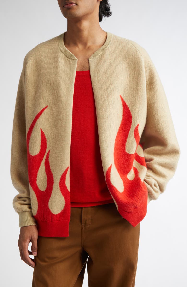 FRENCKENBERGER x Sylvie Fleury Flames Jacquard Cashmere Bomber Cardigan, Main, color, 