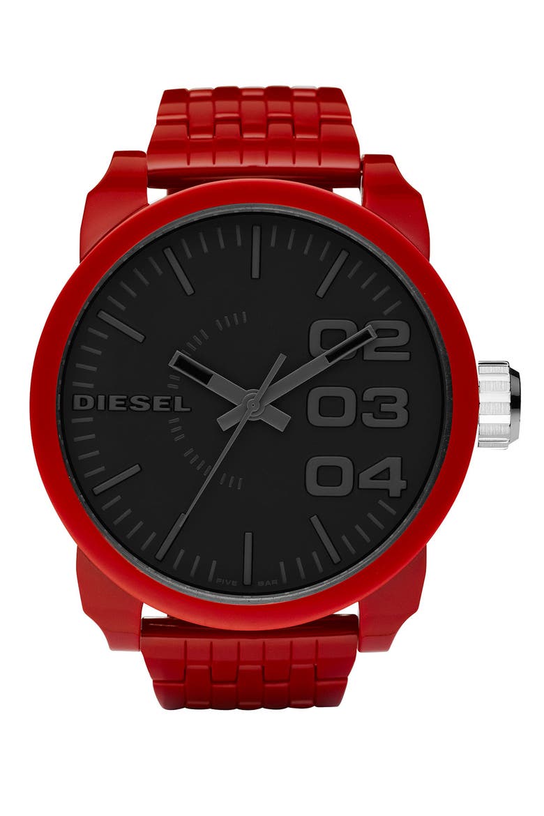 'Franchise' Oversized Round Bracelet Watch, 59mm x 67mm, Main, color, RED