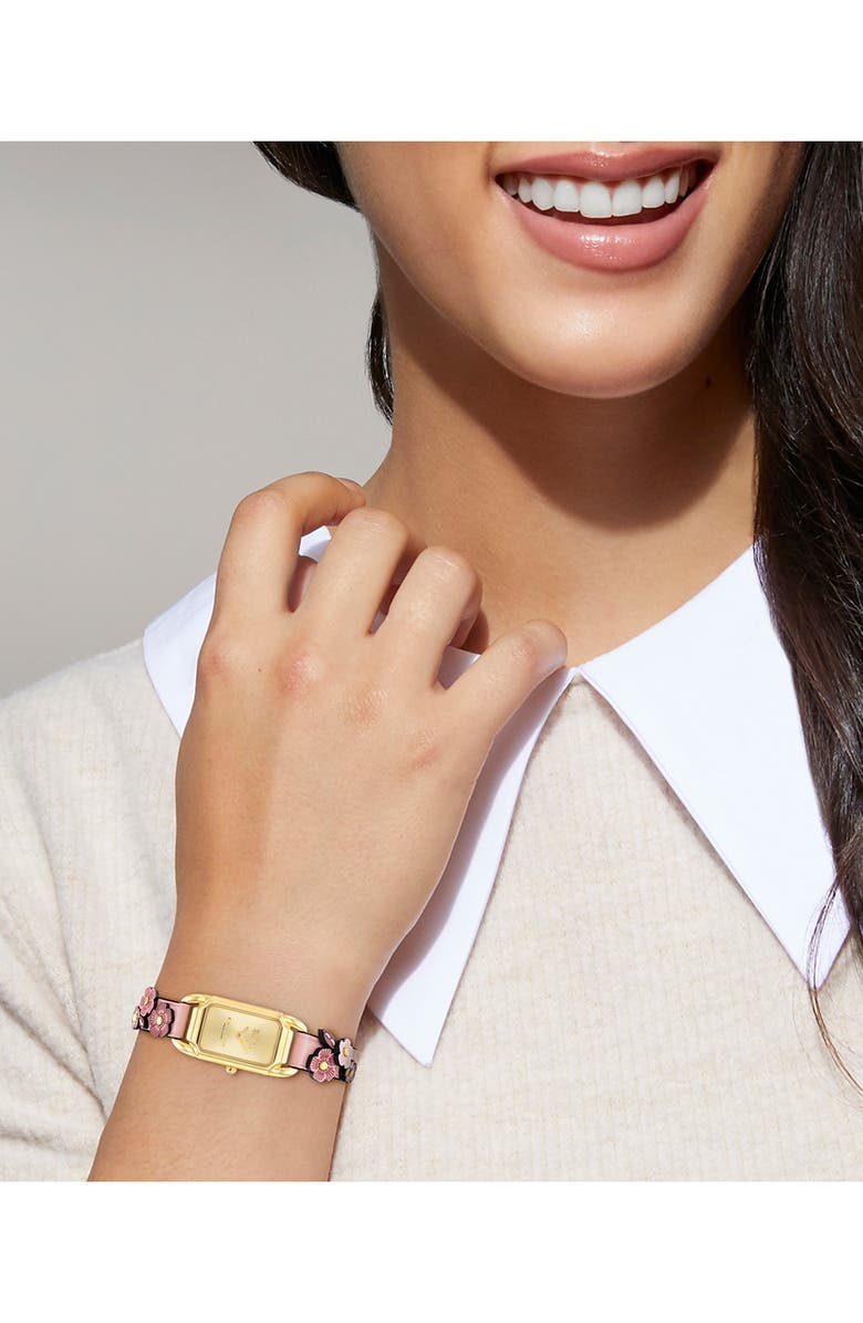 COACH Cadie Rectangular Floral Leather Strap Watch, 17.5mm x 28.5mm, Alternate, color, 