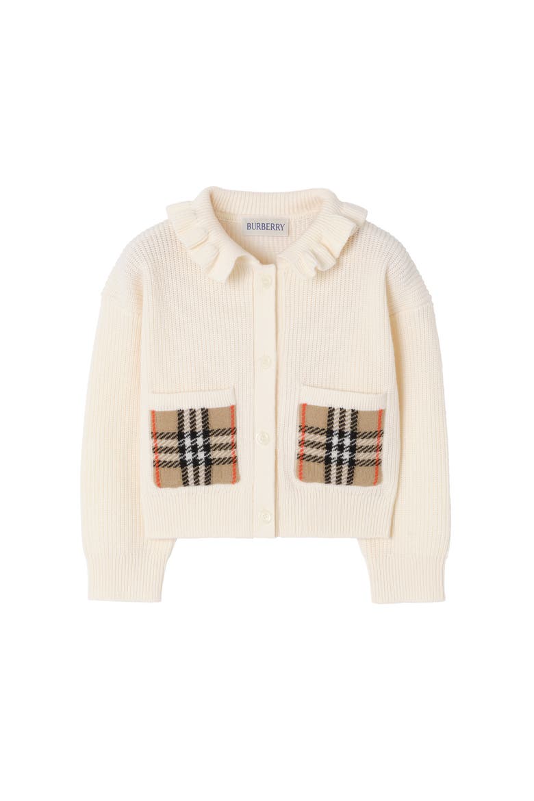 Girls' Check Pocket Cotton Wool Cardigan, Main, color, Ivory white