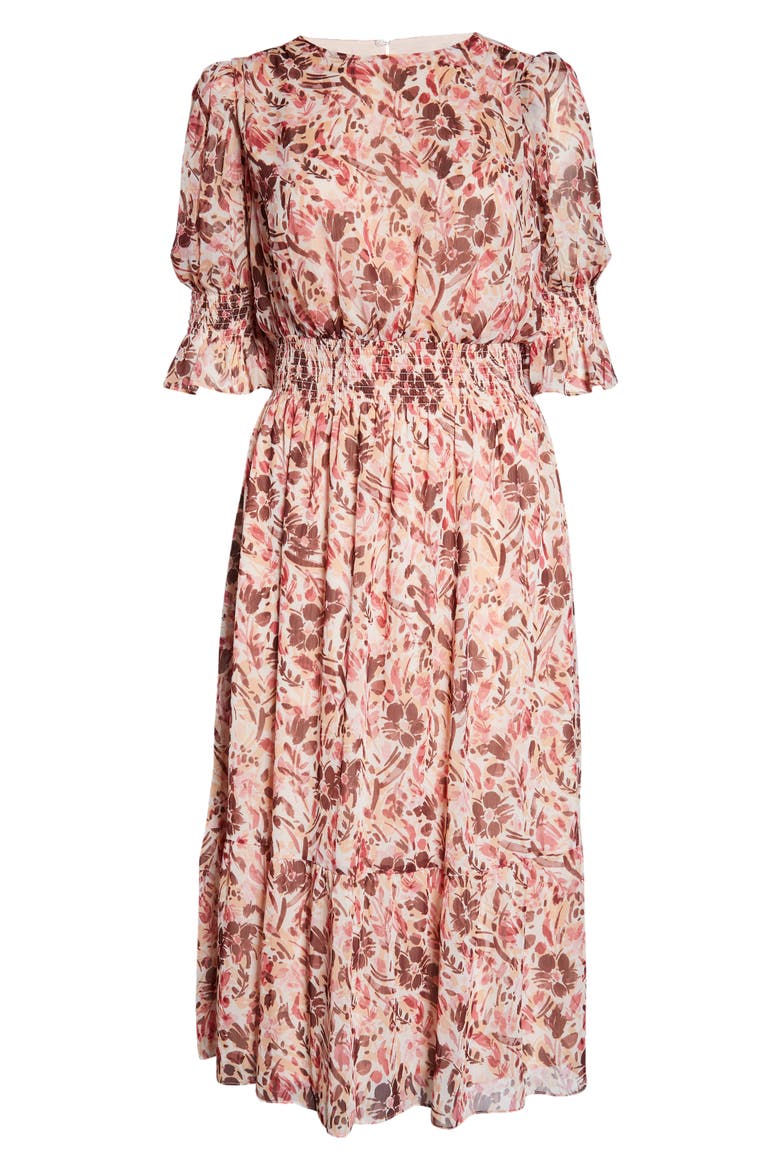 Floral Smock Midi Dress, Alternate, color, SOFT PEACH/ LIGHT BURGUNDY