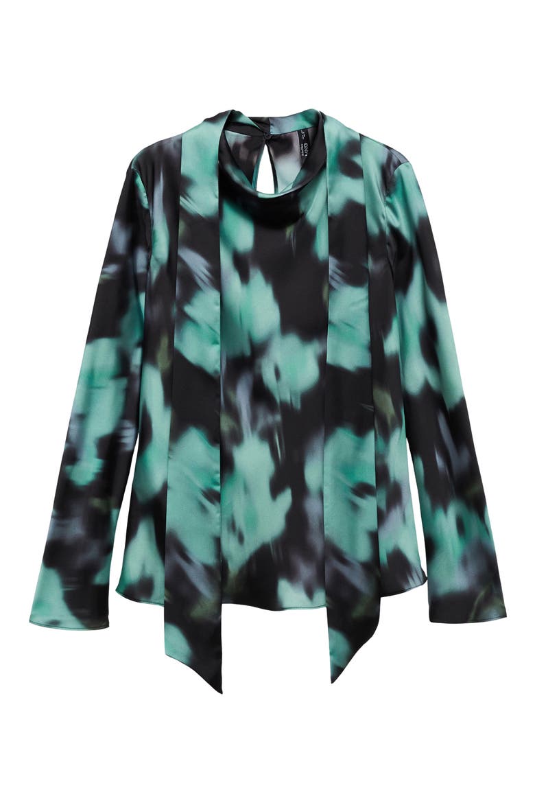 Abstract Print Tie Neck Long Sleeve Top, Alternate, color, BLACK