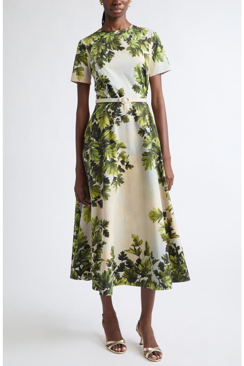 Maple Leaves Cotton Stretch Poplin Midi Dress, Main, color, GREEN MULTI