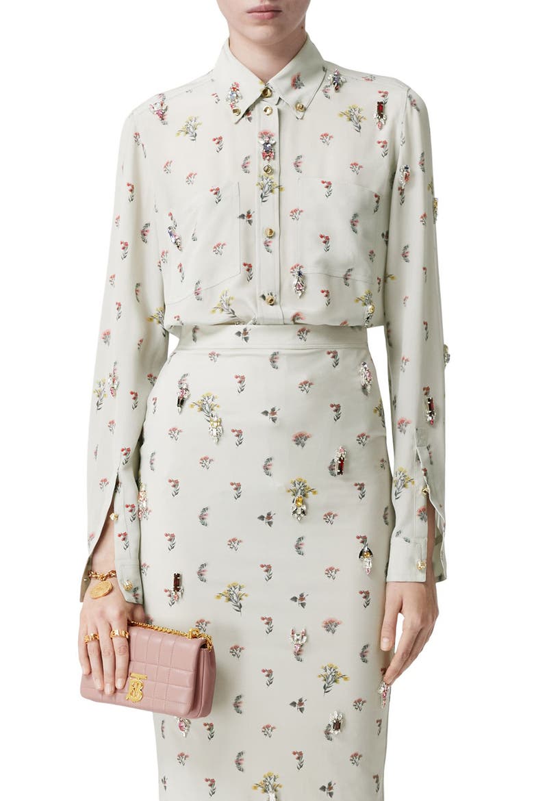 Paola Embellished Floral Embroidered Silk Button-Down Blouse, Main, color, PARCHMENT GREY IP PA