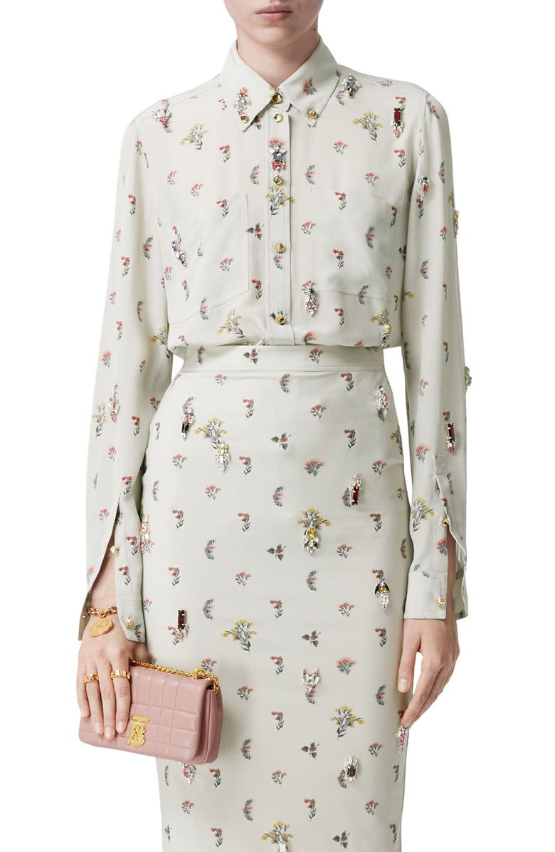 Burberry Paola Embellished Floral Embroidered Silk Button-Down Blouse, Main, color, 