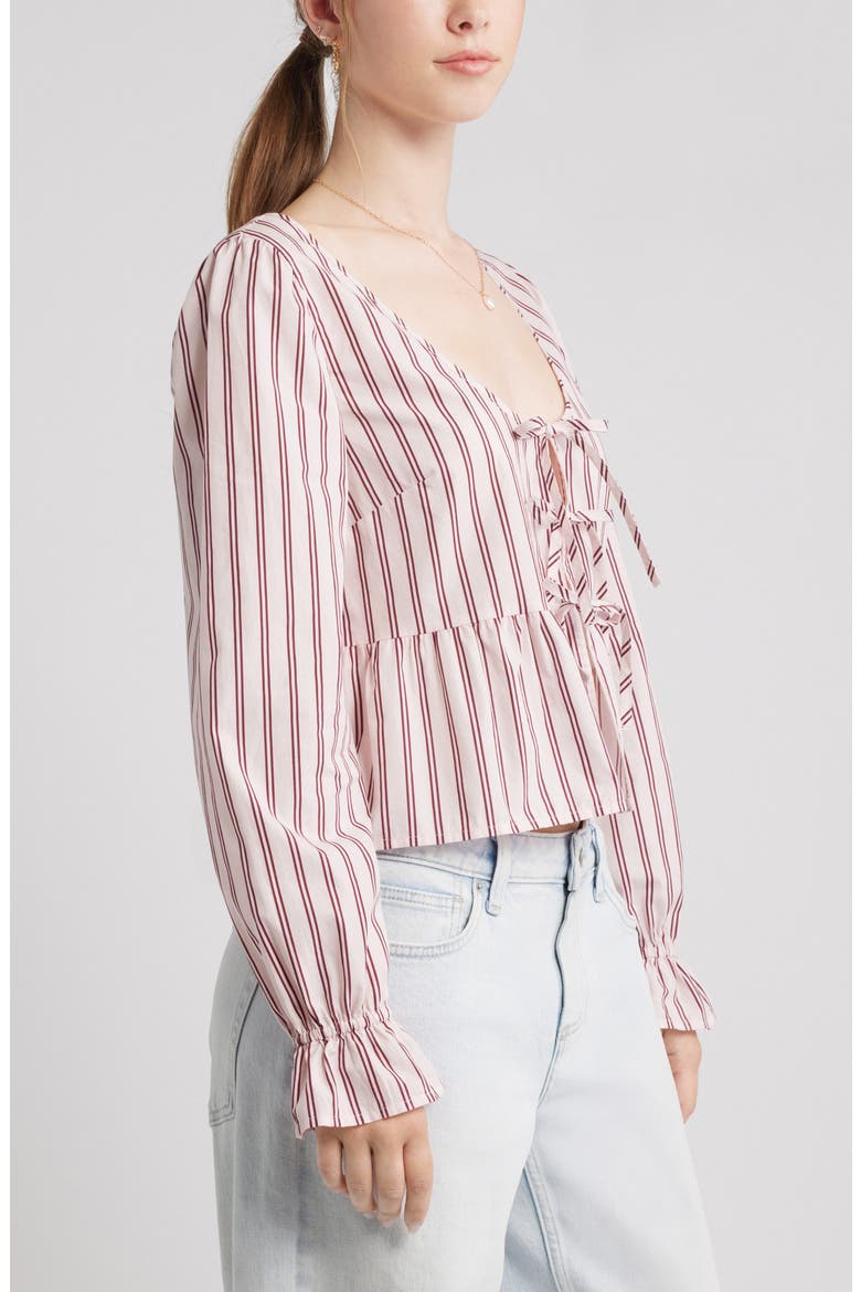Tie Front Scoop Neck Cotton Poplin Peplum Top, Alternate, color, PINK- BURGUNDY KATE STRIPE