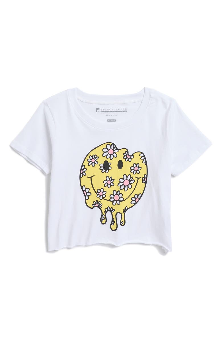 Prince Peter Kids' Melted Floral Happy Face Cotton Crop T-Shirt, Main, color, White