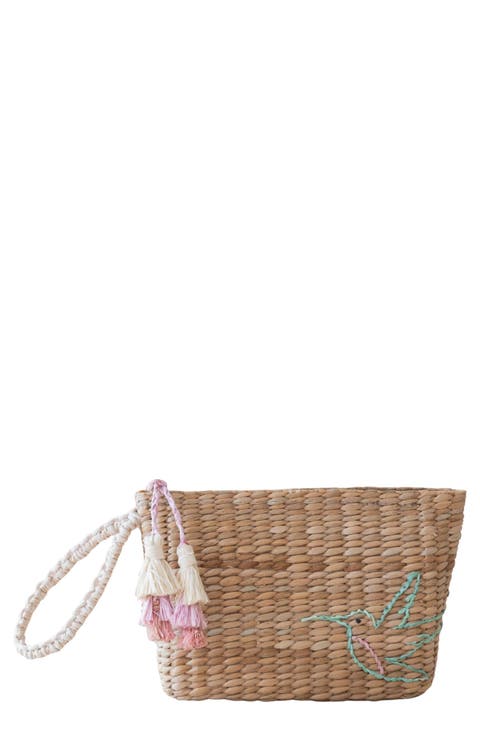 Hummingbird Embroidered Straw Pouch