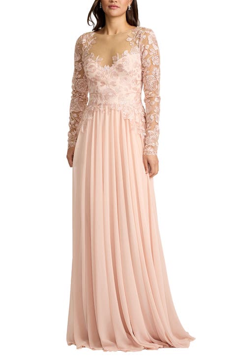 Illusion Lace Embroidered Sleeve Gown