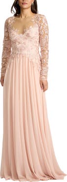 Tadashi Shoji Illusion Lace Embroidered Sleeve Gown