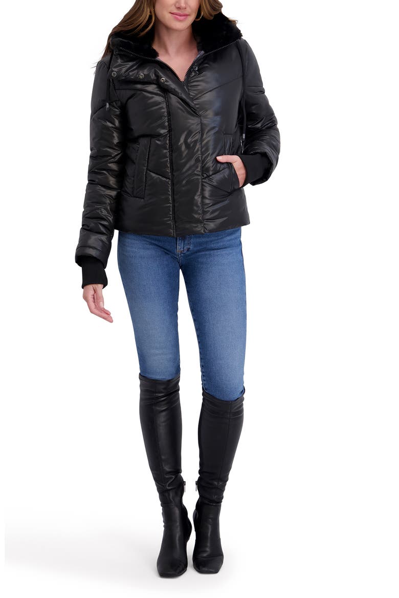 Faux Fur Lined Hood Short Puffer Jacket, Alternate, color, BLACK