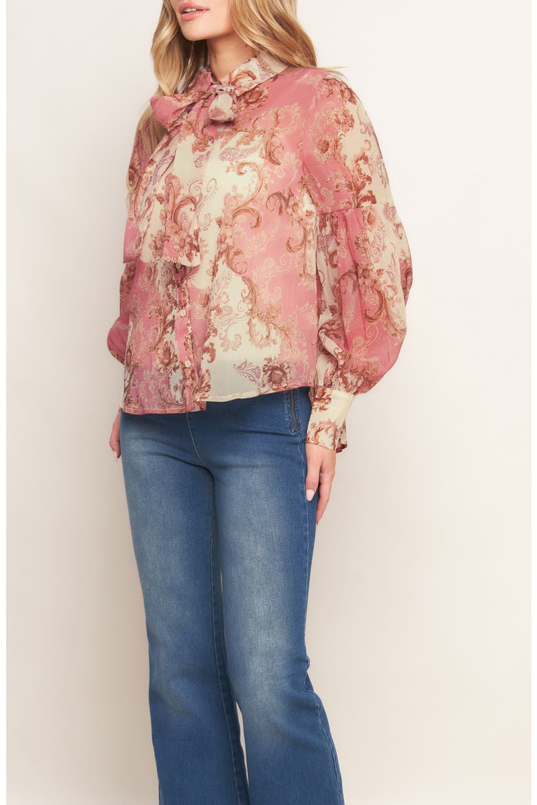 Floral Tie Neck Long Sleeve Button-Up Shirt, Alternate, color, IVORY PINK