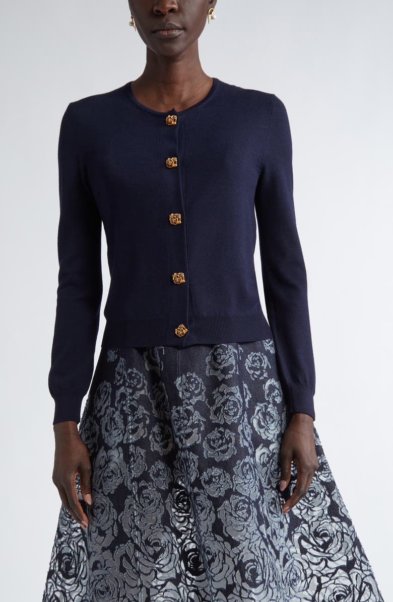 Oscar de la Renta Rose Button Wool Cardigan, Main, color, 