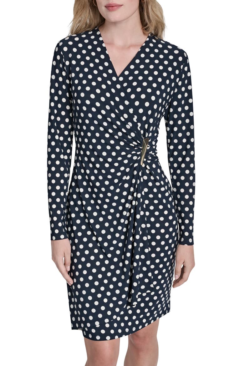 Faux Wrap Drape Long Sleeve Sheath Dress, Alternate, color, SPRING NAVY