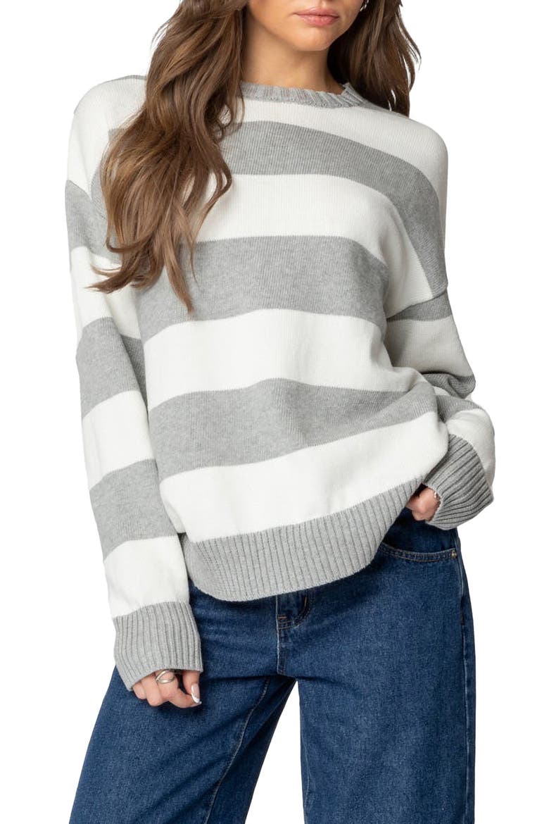 Richie Oversize Stripe Cotton Crewneck Sweater, Main, color, GRAY-MELANGE
