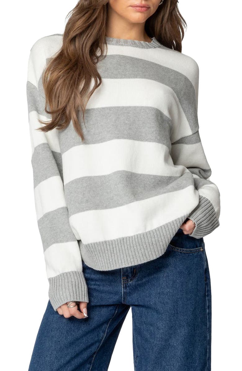 EDIKTED Richie Oversize Stripe Cotton Crewneck Sweater, Main, color, Gray-Melange