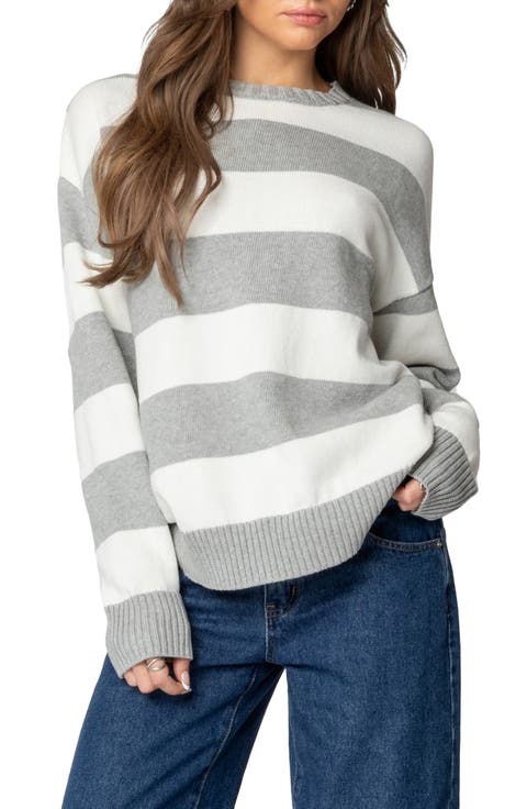 売れ筋商品|||ティー・タハリ ニット&セーター アウター レディース Women's Striped Crewneck Sweater Pale Platinum Women Y2K Striped Sweater 90s Vintage Aesthetic Long Sleeve